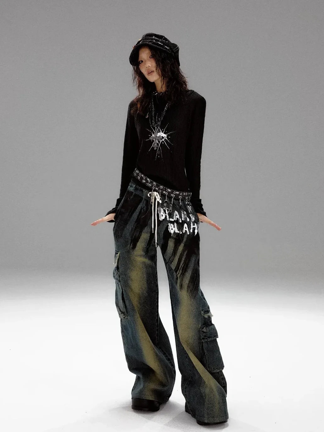 Frustration Garden Distressed Washed Graffiti Wide Leg Jeans