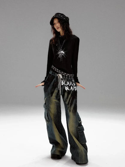 Frustration Garden Distressed Washed Graffiti Wide Leg Jeans