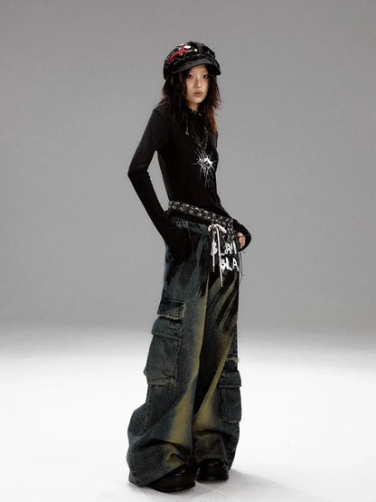 Frustration Garden Distressed Washed Graffiti Wide Leg Jeans