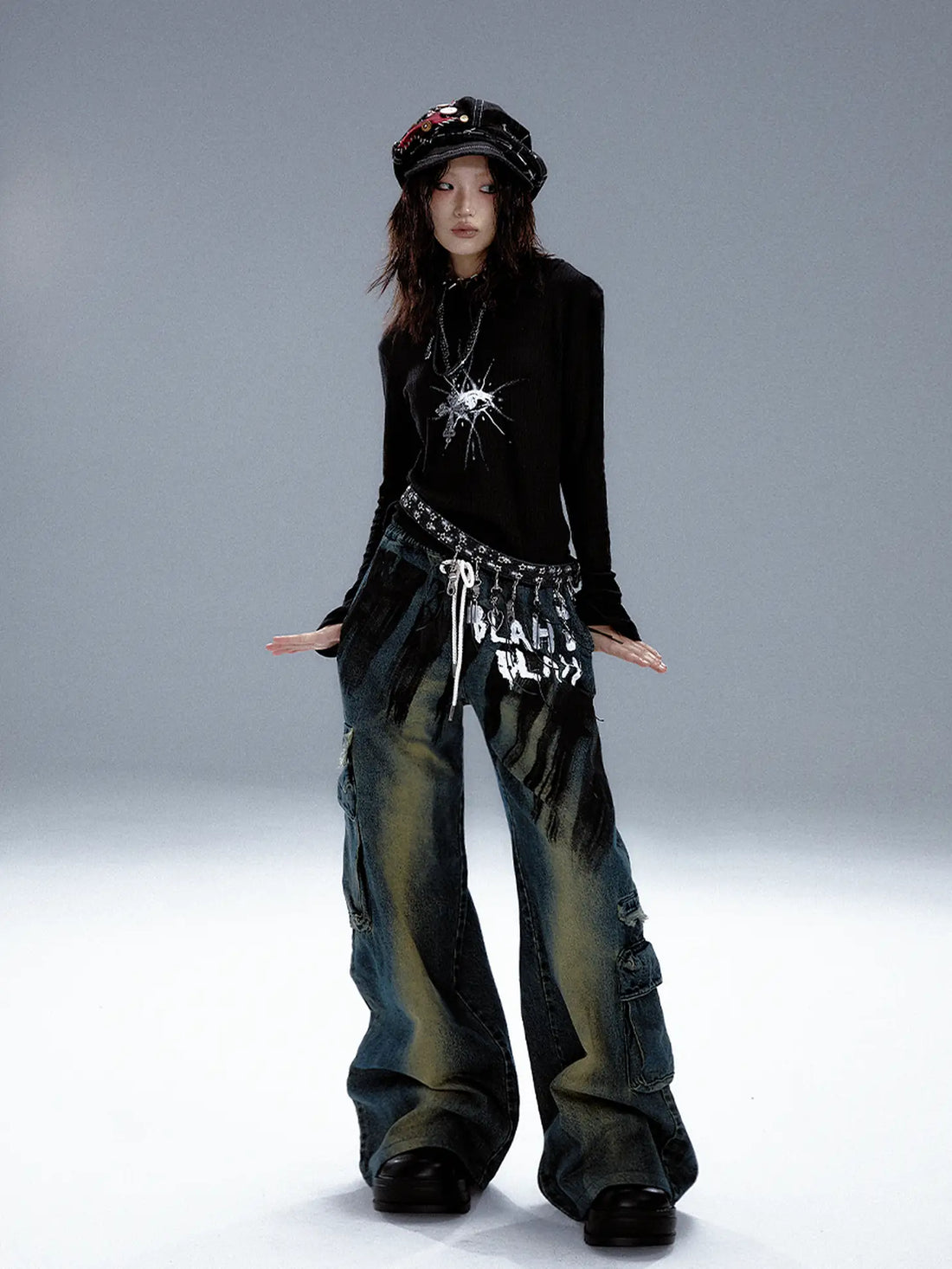 Frustration Garden Distressed Washed Graffiti Wide Leg Jeans