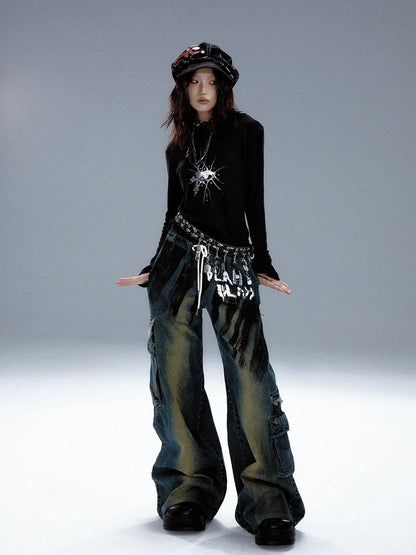 Frustration Garden Distressed Washed Graffiti Wide Leg Jeans