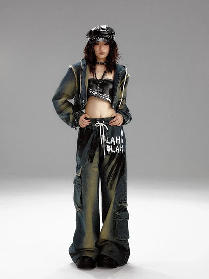 Frustration Garden Distressed Washed Graffiti Wide Leg Jeans