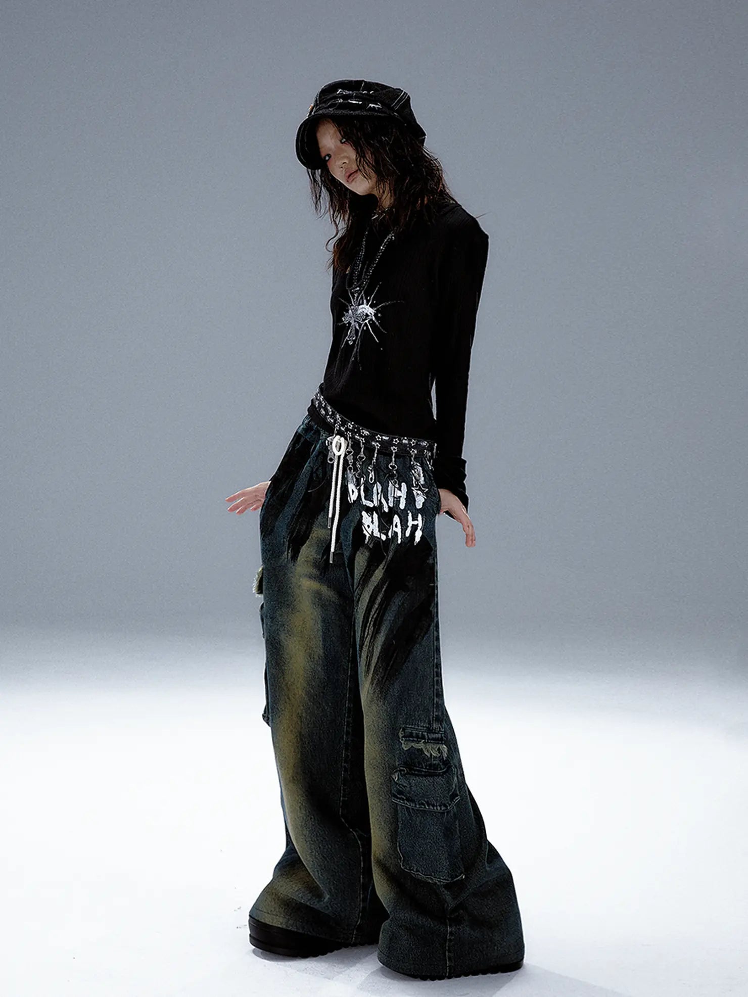 Frustration Garden Distressed Washed Graffiti Wide Leg Jeans