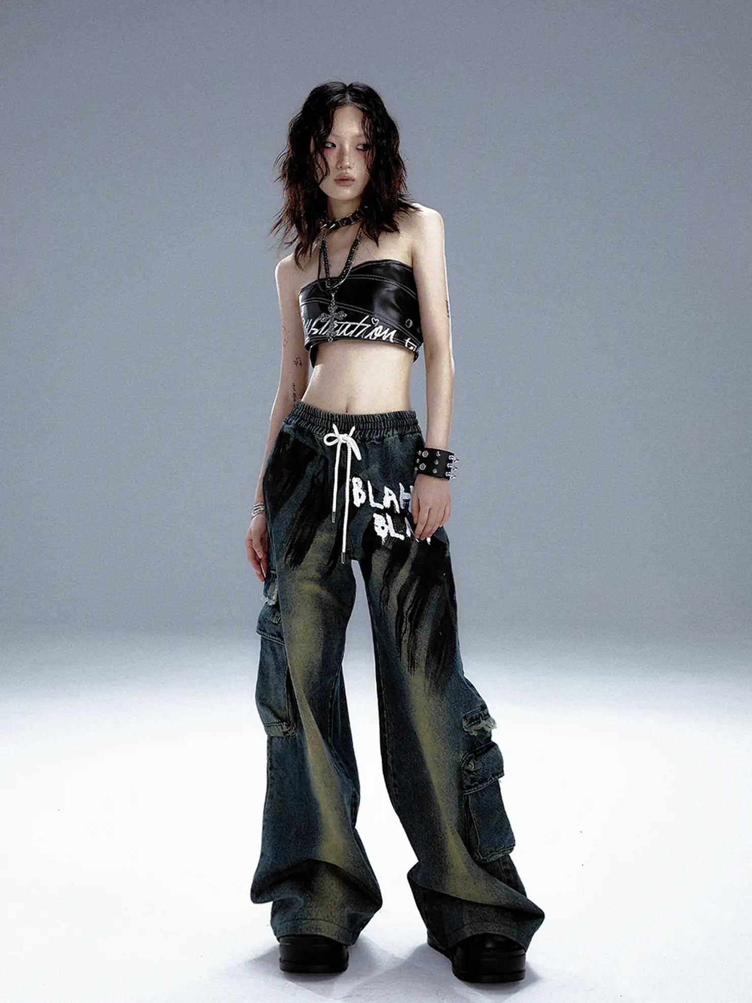 Frustration Garden Distressed Washed Graffiti Wide Leg Jeans