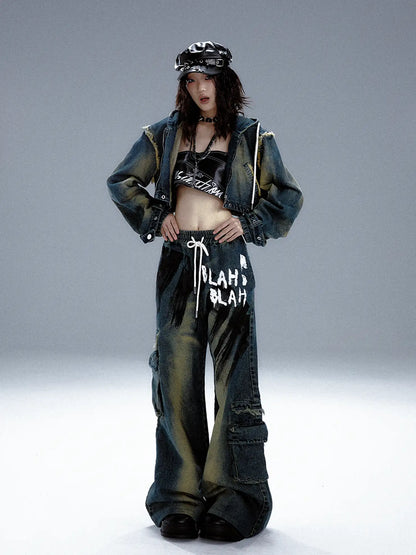 Frustration Garden Distressed Washed Graffiti Wide Leg Jeans