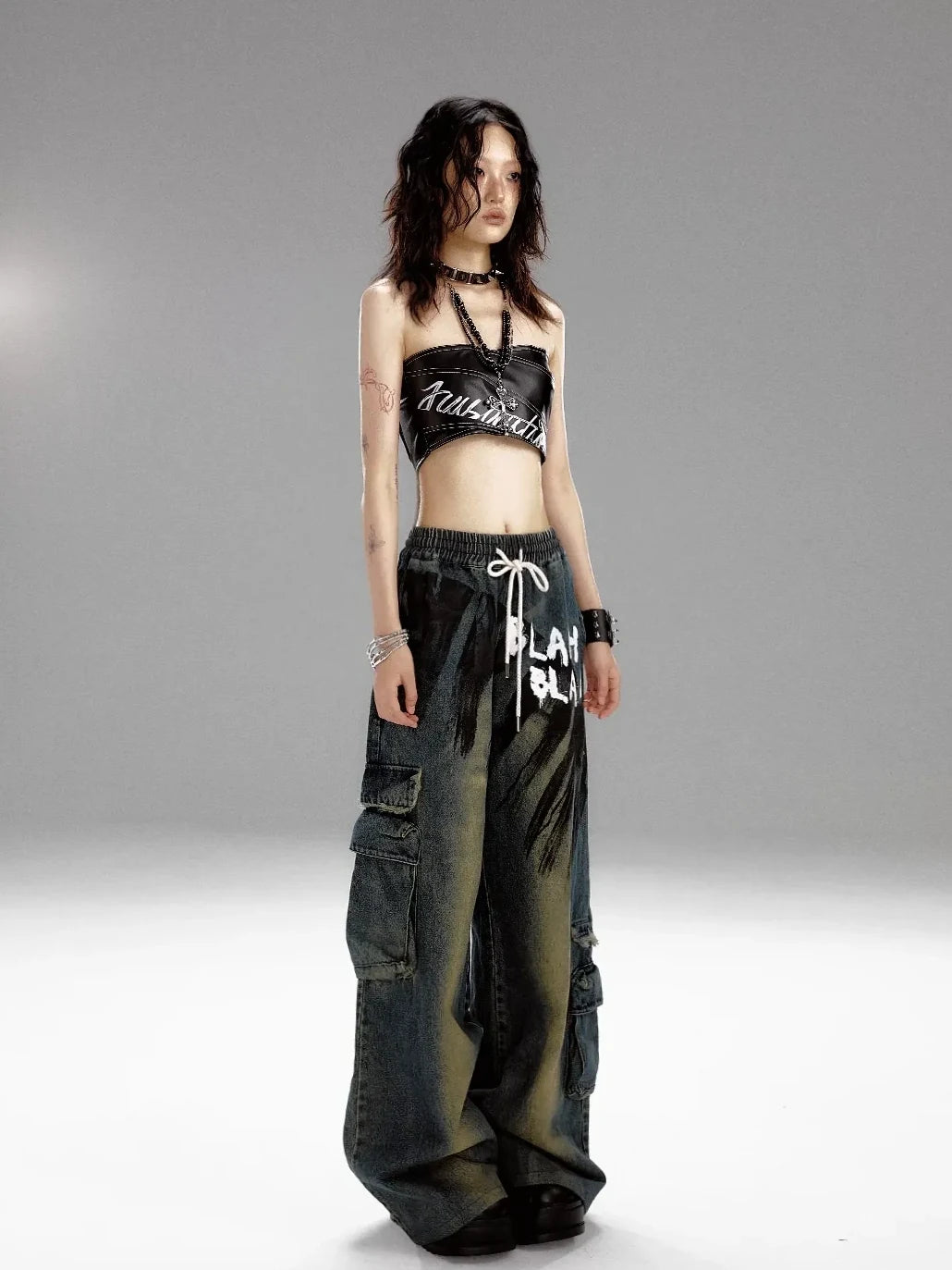 Frustration Garden Distressed Washed Graffiti Wide Leg Jeans