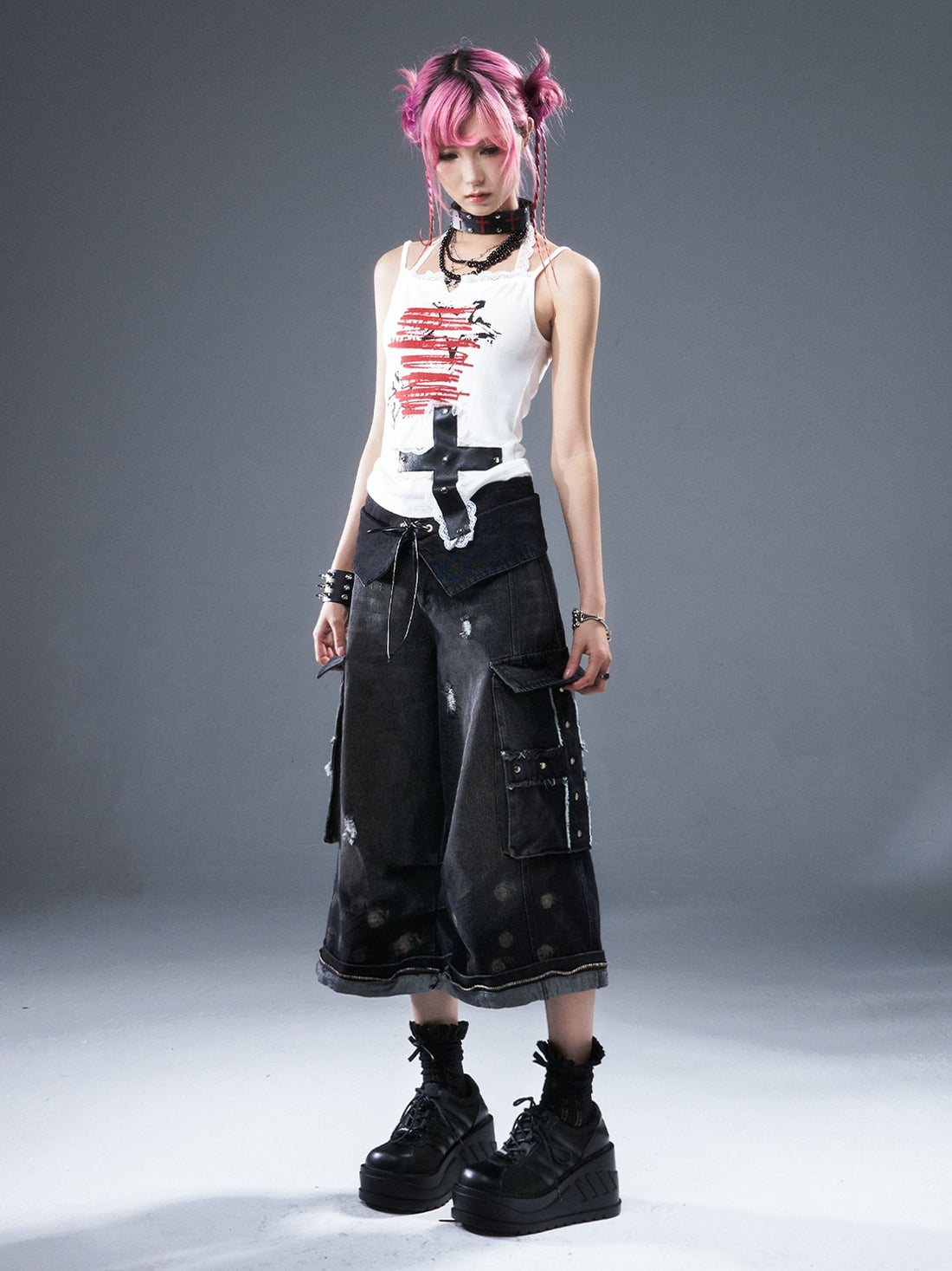 Frustration Garden Frayed Cross Patch Ripped Washed Strappy Wide Leg Women&