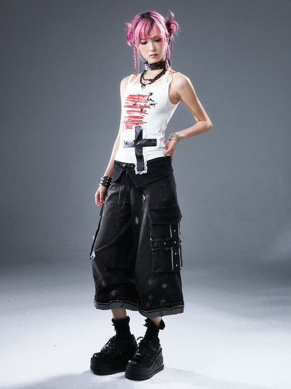 Frustration Garden Frayed Cross Patch Ripped Washed Strappy Wide Leg Women&