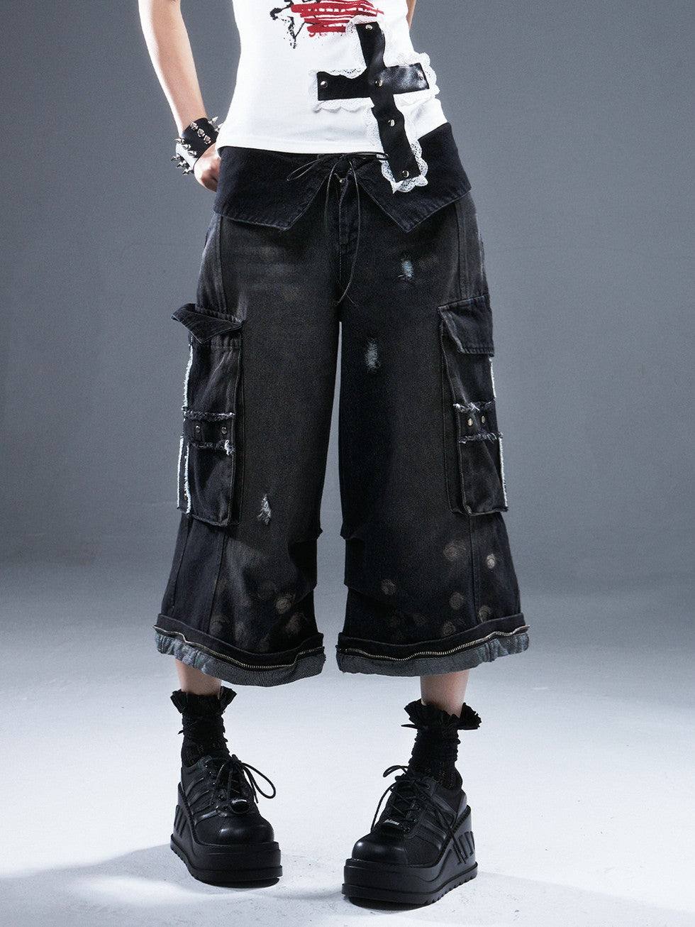 Frustration Garden Frayed Cross Patch Ripped Washed Strappy Wide Leg Women&