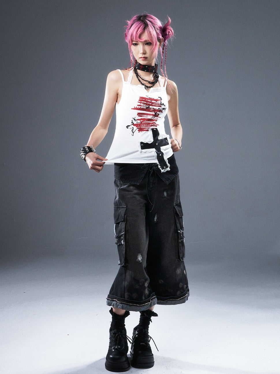 Frustration Garden Frayed Cross Patch Ripped Washed Strappy Wide Leg Women&