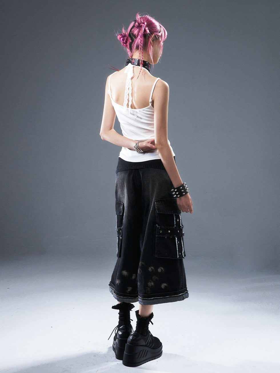 Frustration Garden Frayed Cross Patch Ripped Washed Strappy Wide Leg Women&