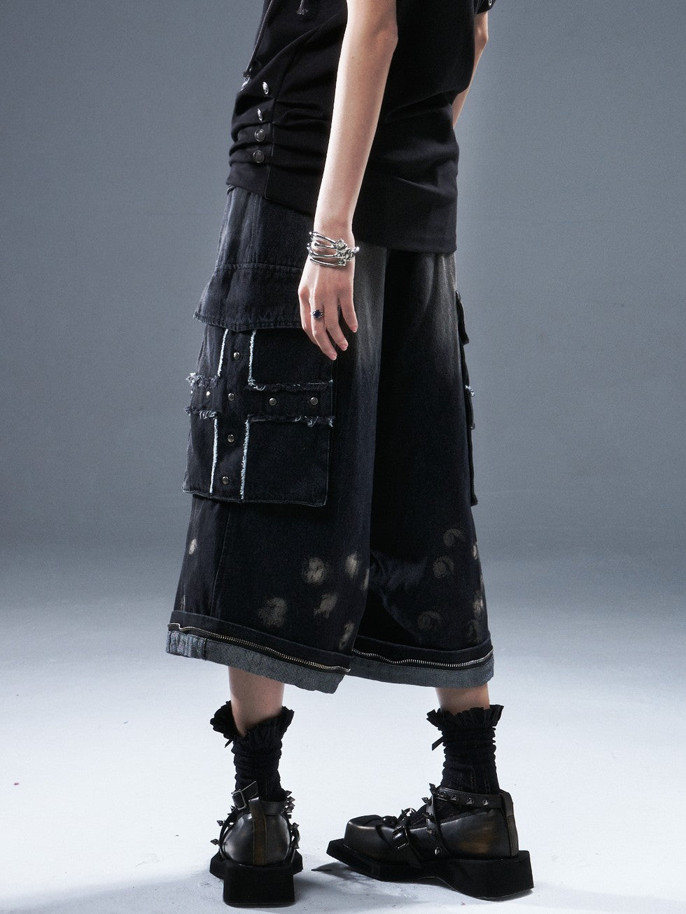 Frustration Garden Frayed Cross Patch Ripped Washed Strappy Wide Leg Women&