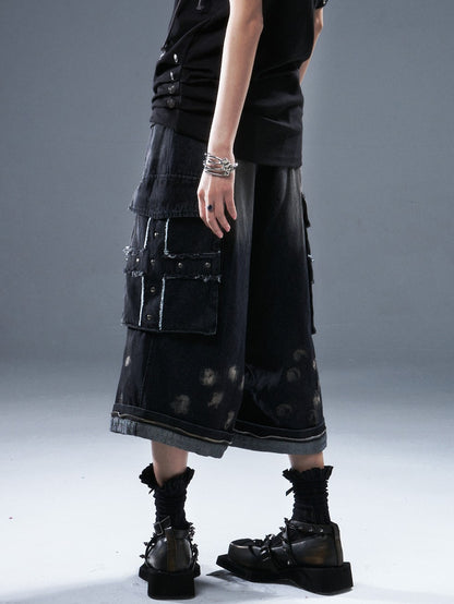 Frustration Garden Frayed Cross Patch Ripped Washed Strappy Wide Leg Women&