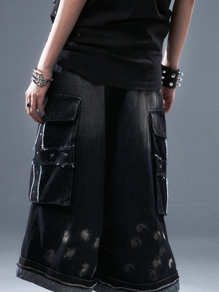 Frustration Garden Frayed Cross Patch Ripped Washed Strappy Wide Leg Women&