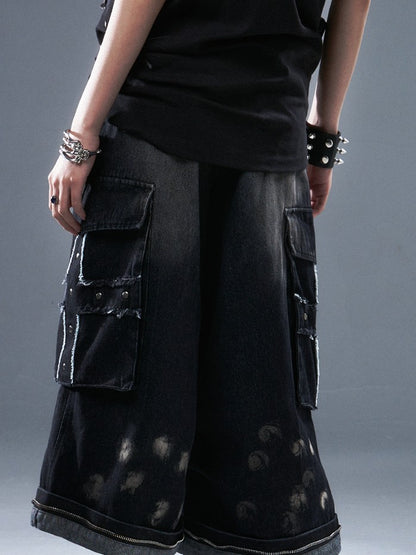Frustration Garden Frayed Cross Patch Ripped Washed Strappy Wide Leg Women&