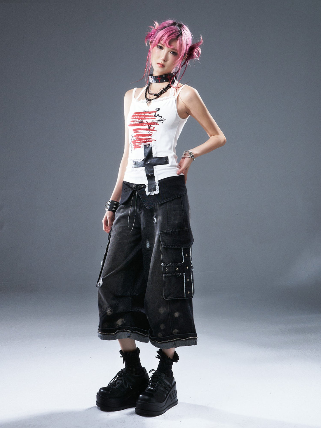Frustration Garden Frayed Cross Patch Ripped Washed Strappy Wide Leg Women&
