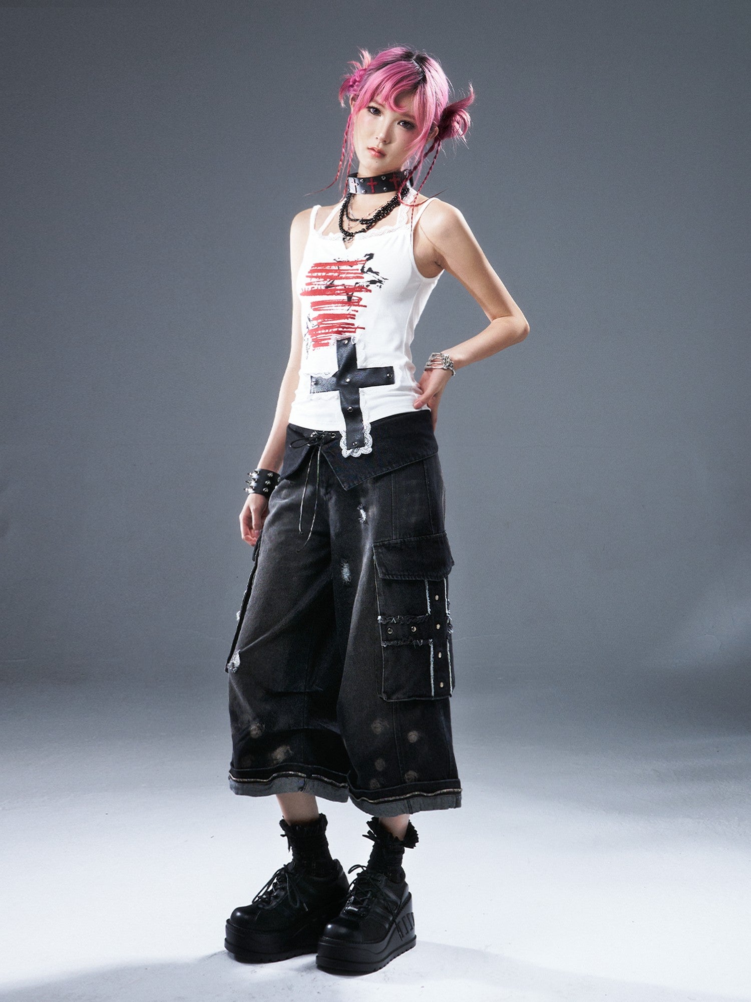 Frustration Garden Frayed Cross Patch Ripped Washed Strappy Wide Leg Women&