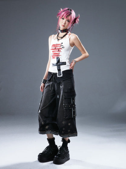 Frustration Garden Frayed Cross Patch Ripped Washed Strappy Wide Leg Women&