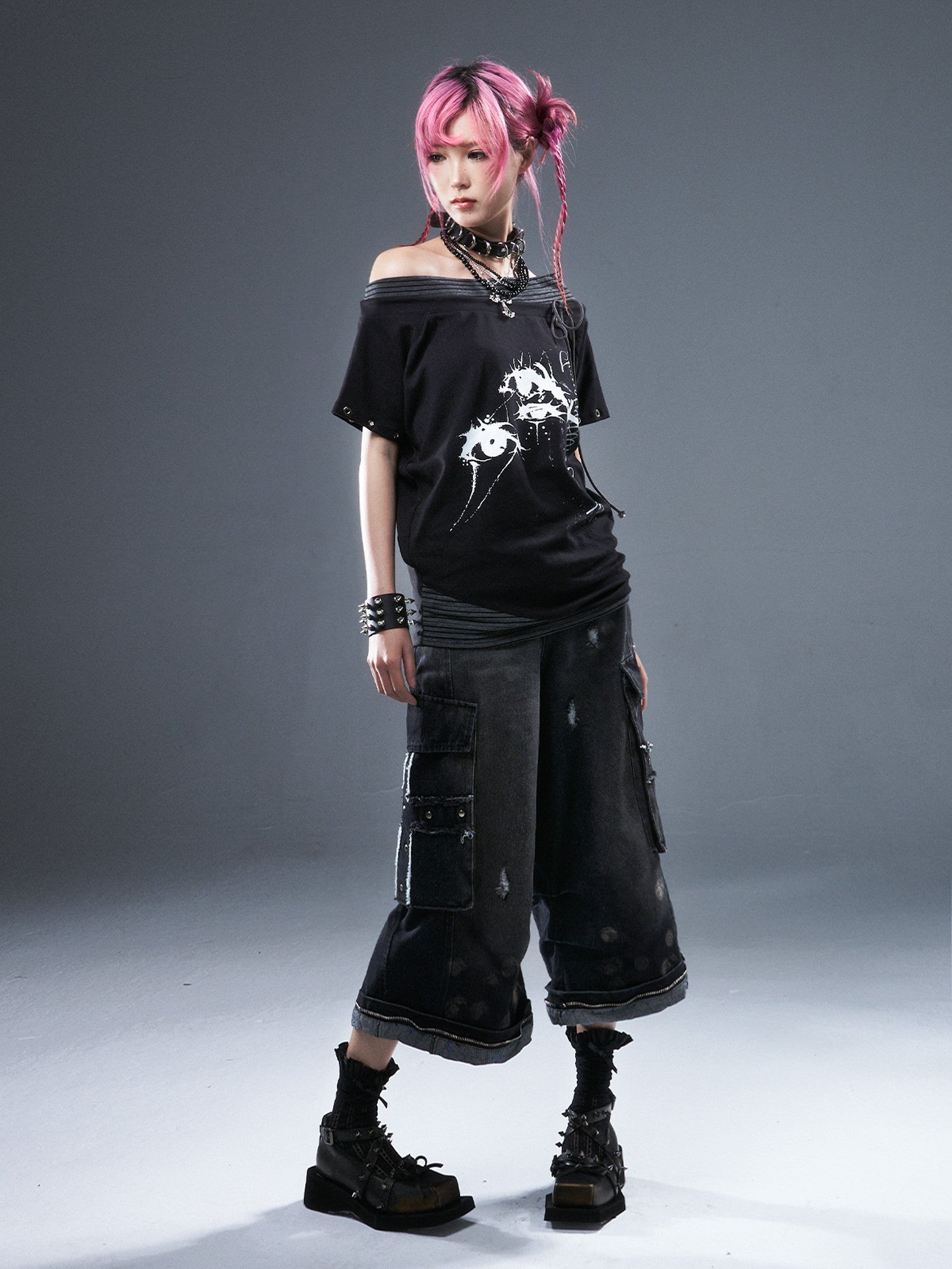 Frustration Garden Frayed Cross Patch Ripped Washed Strappy Wide Leg Women&