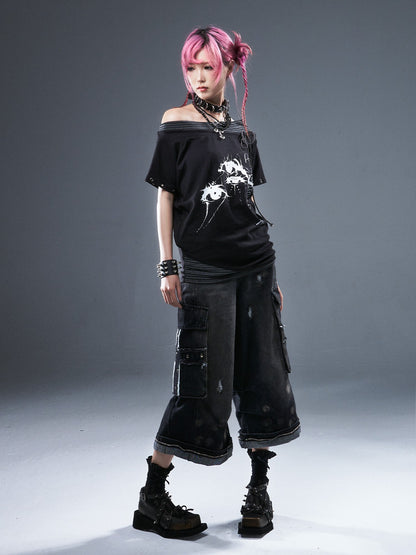 Frustration Garden Frayed Cross Patch Ripped Washed Strappy Wide Leg Women&