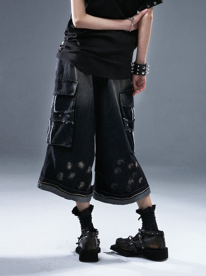 Frustration Garden Frayed Cross Patch Ripped Washed Strappy Wide Leg Women&