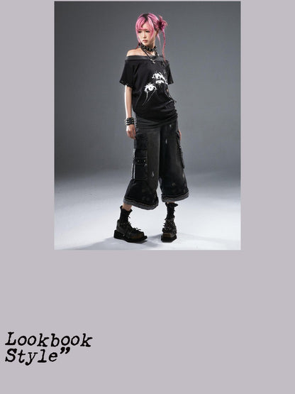Frustration Garden Frayed Cross Patch Ripped Washed Strappy Wide Leg Women&