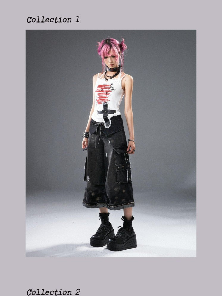 Frustration Garden Frayed Cross Patch Ripped Washed Strappy Wide Leg Women&