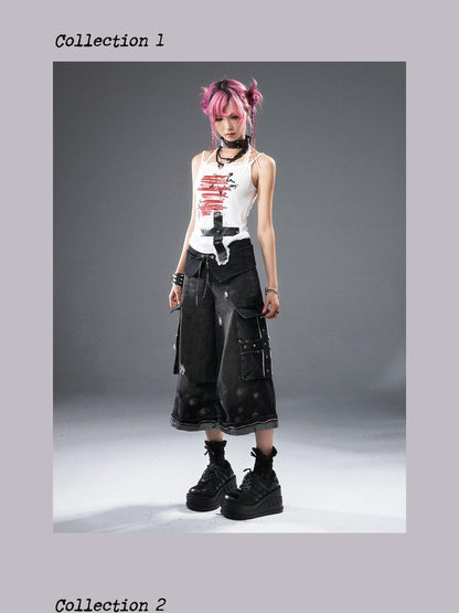 Frustration Garden Frayed Cross Patch Ripped Washed Strappy Wide Leg Women&