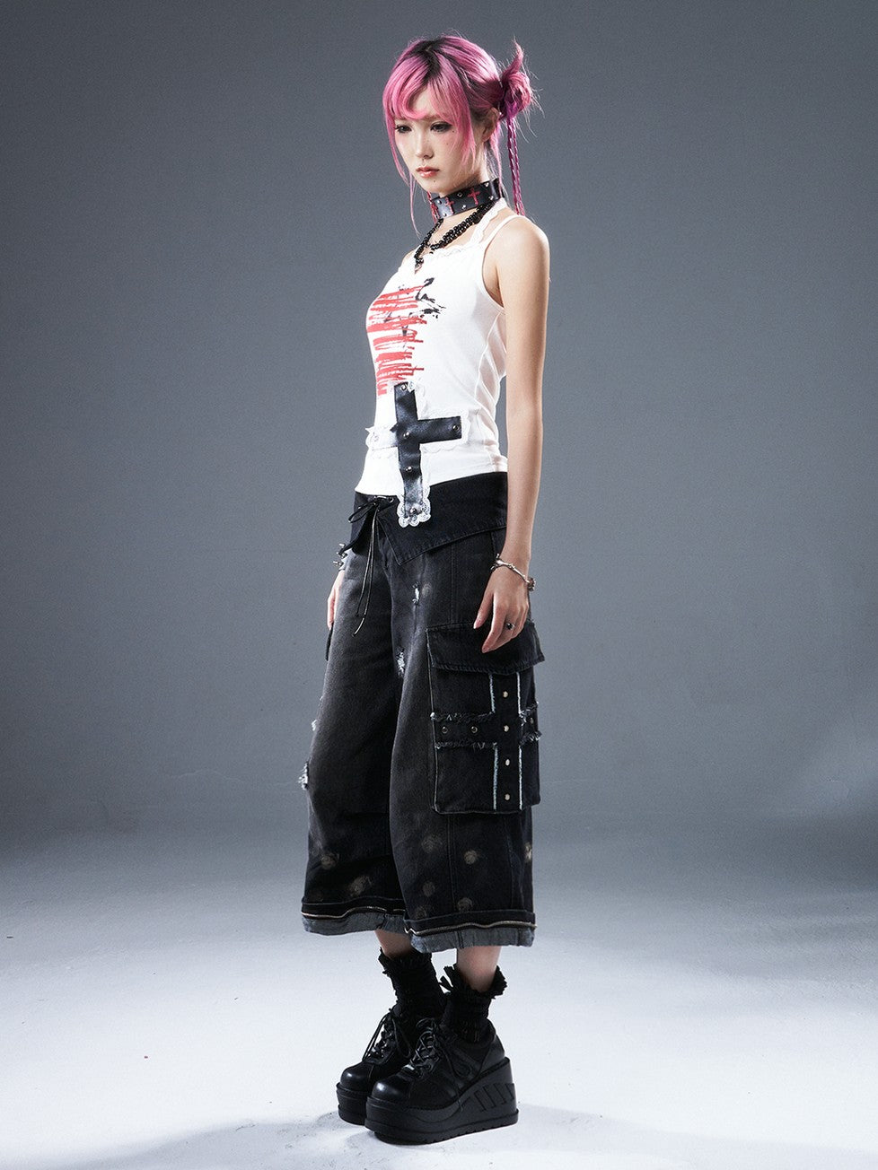 Frustration Garden Frayed Cross Patch Ripped Washed Strappy Wide Leg Women&