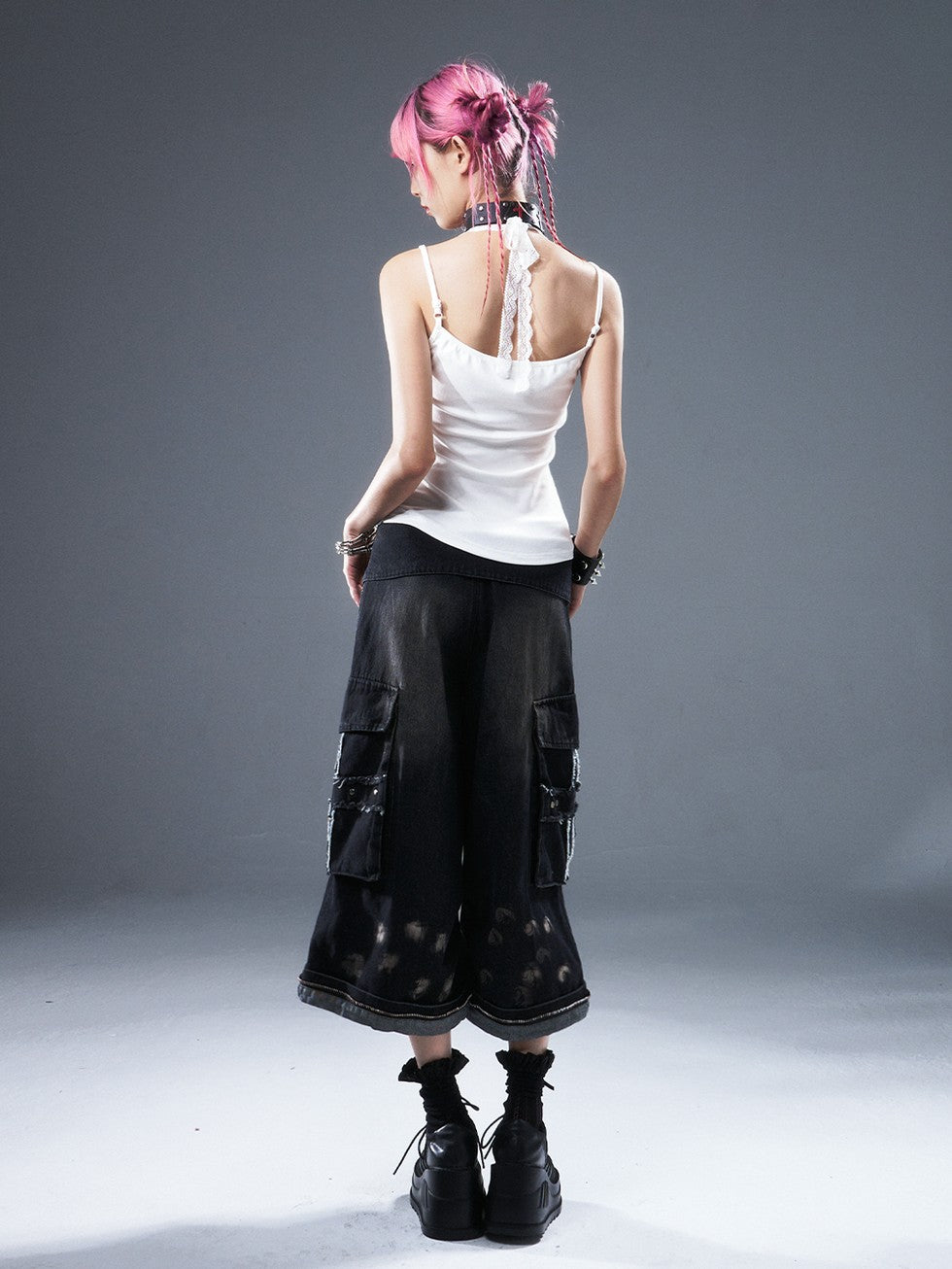 Frustration Garden Frayed Cross Patch Ripped Washed Strappy Wide Leg Women&
