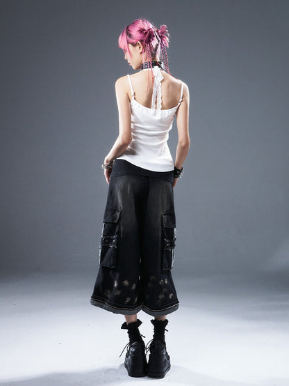Frustration Garden Frayed Cross Patch Ripped Washed Strappy Wide Leg Women&