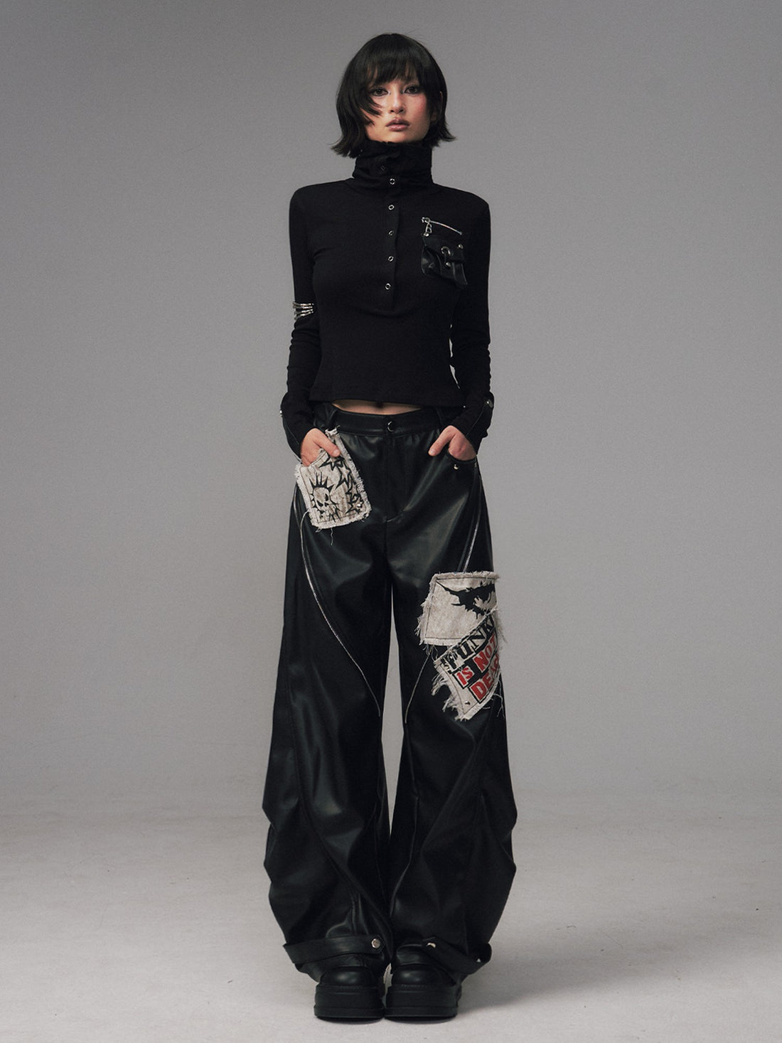 Frustration Garden Frayed Studded Asymmetrical Zippered Printed Punk Women&