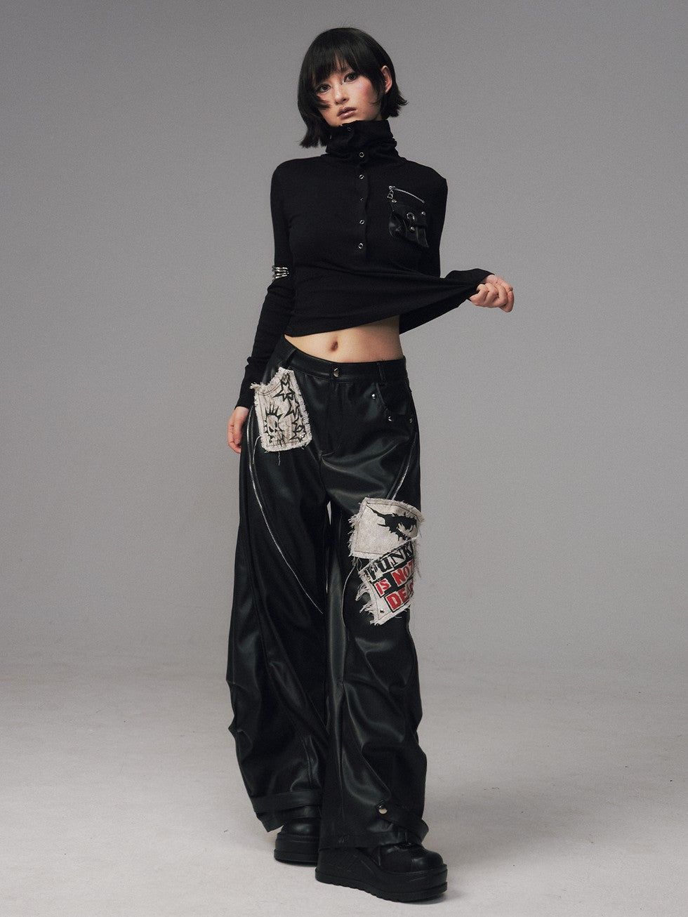 Frustration Garden Frayed Studded Asymmetrical Zippered Printed Punk Women&