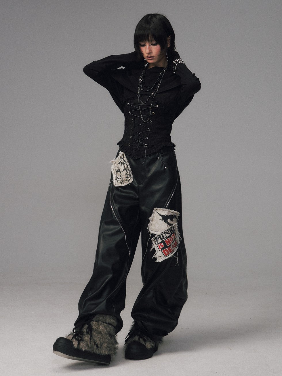 Frustration Garden Frayed Studded Asymmetrical Zippered Printed Punk Women&