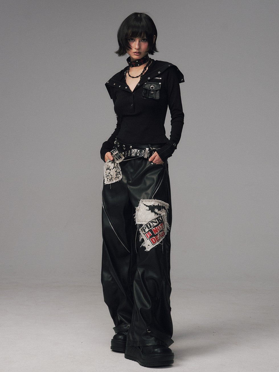 Frustration Garden Frayed Studded Asymmetrical Zippered Printed Punk Women&