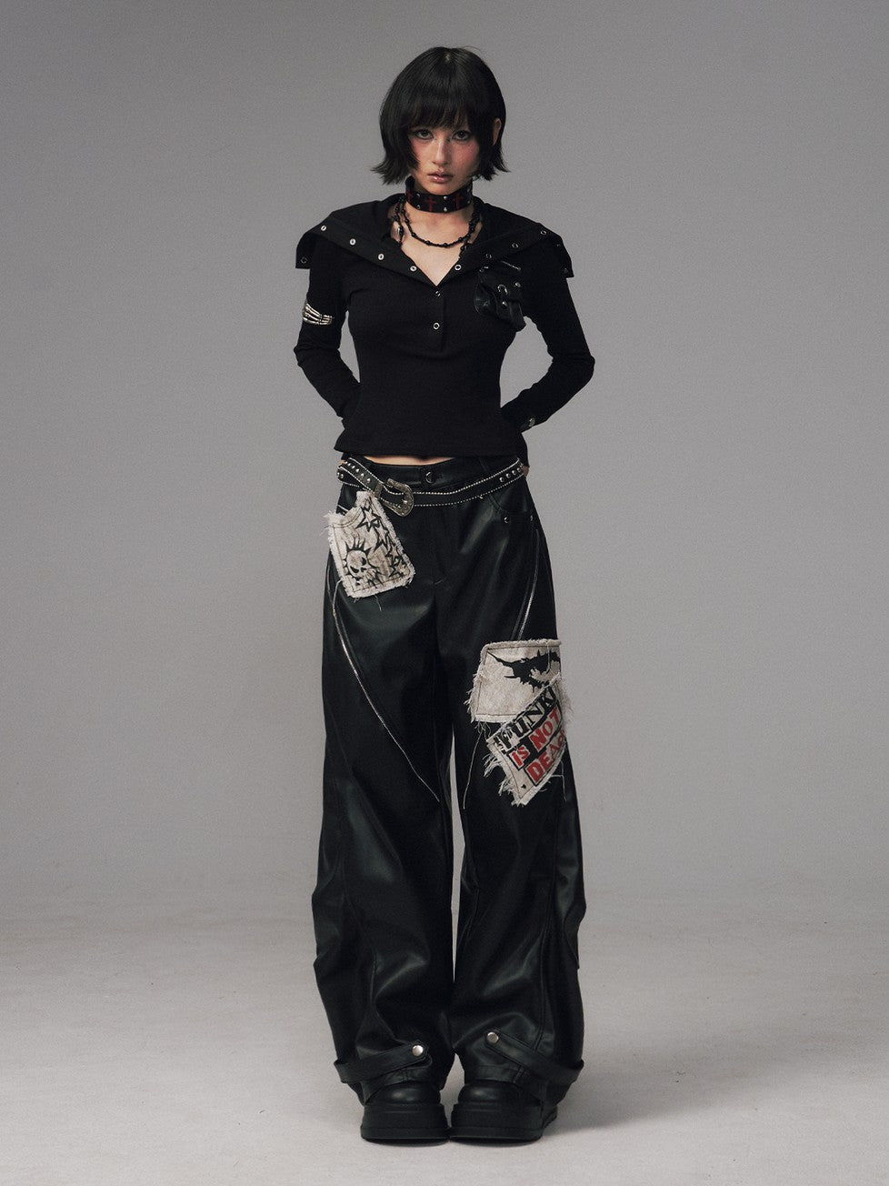 Frustration Garden Frayed Studded Asymmetrical Zippered Printed Punk Women&