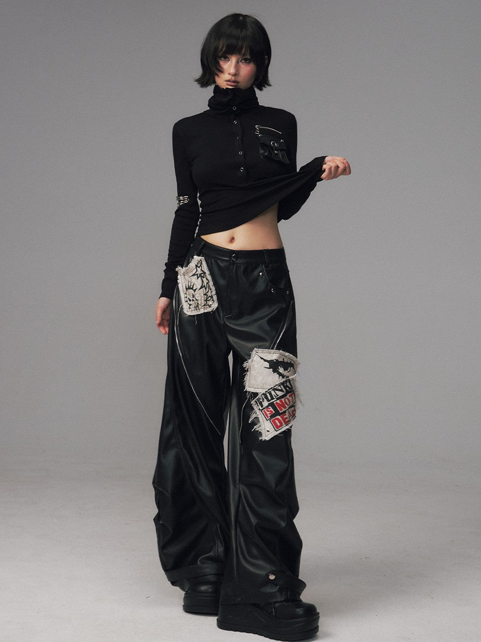 Frustration Garden Frayed Studded Asymmetrical Zippered Printed Punk Women&