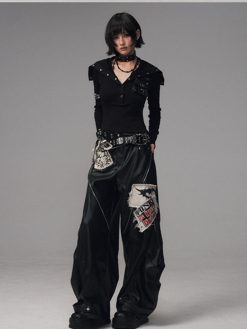 Frustration Garden Frayed Studded Asymmetrical Zippered Printed Punk Women&