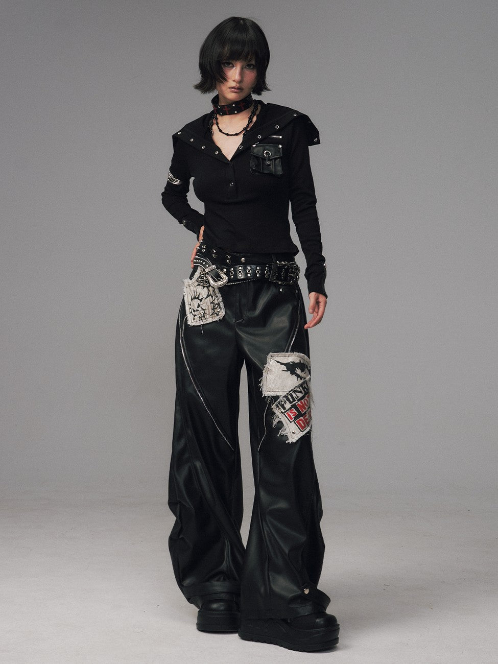 Frustration Garden Frayed Studded Asymmetrical Zippered Printed Punk Women&
