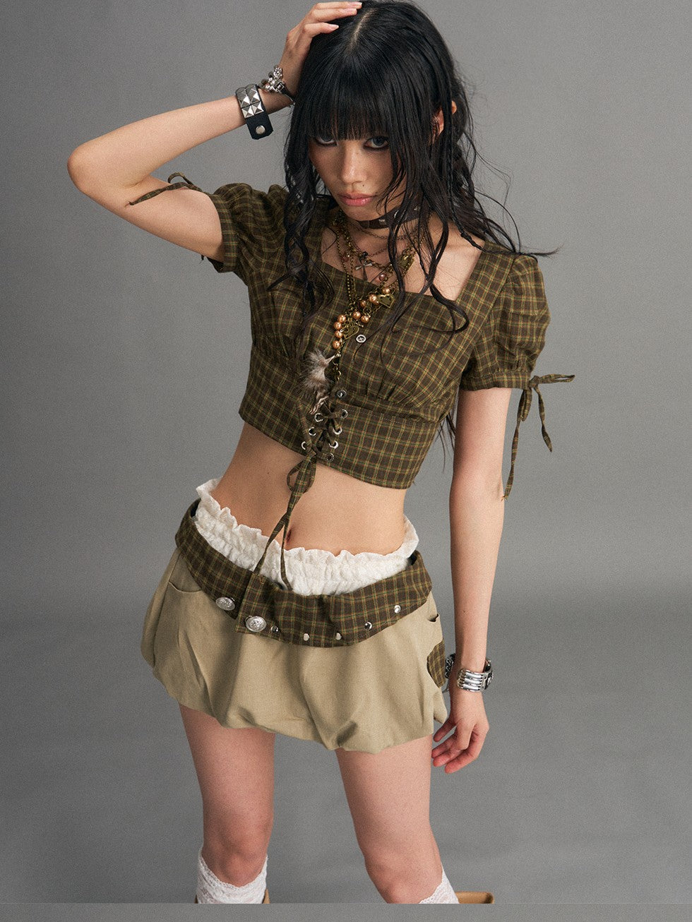Frustration Garden Gingham Tie Square Neck Puff Sleeve Women&