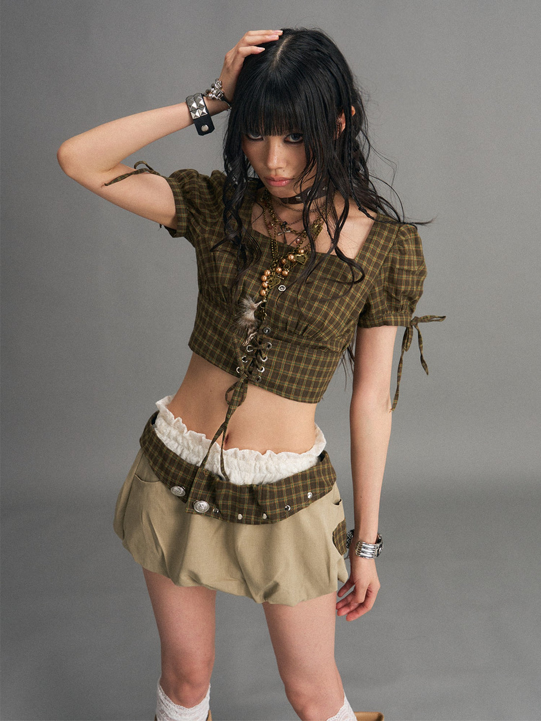 Frustration Garden Gingham Tie Square Neck Puff Sleeve Women&