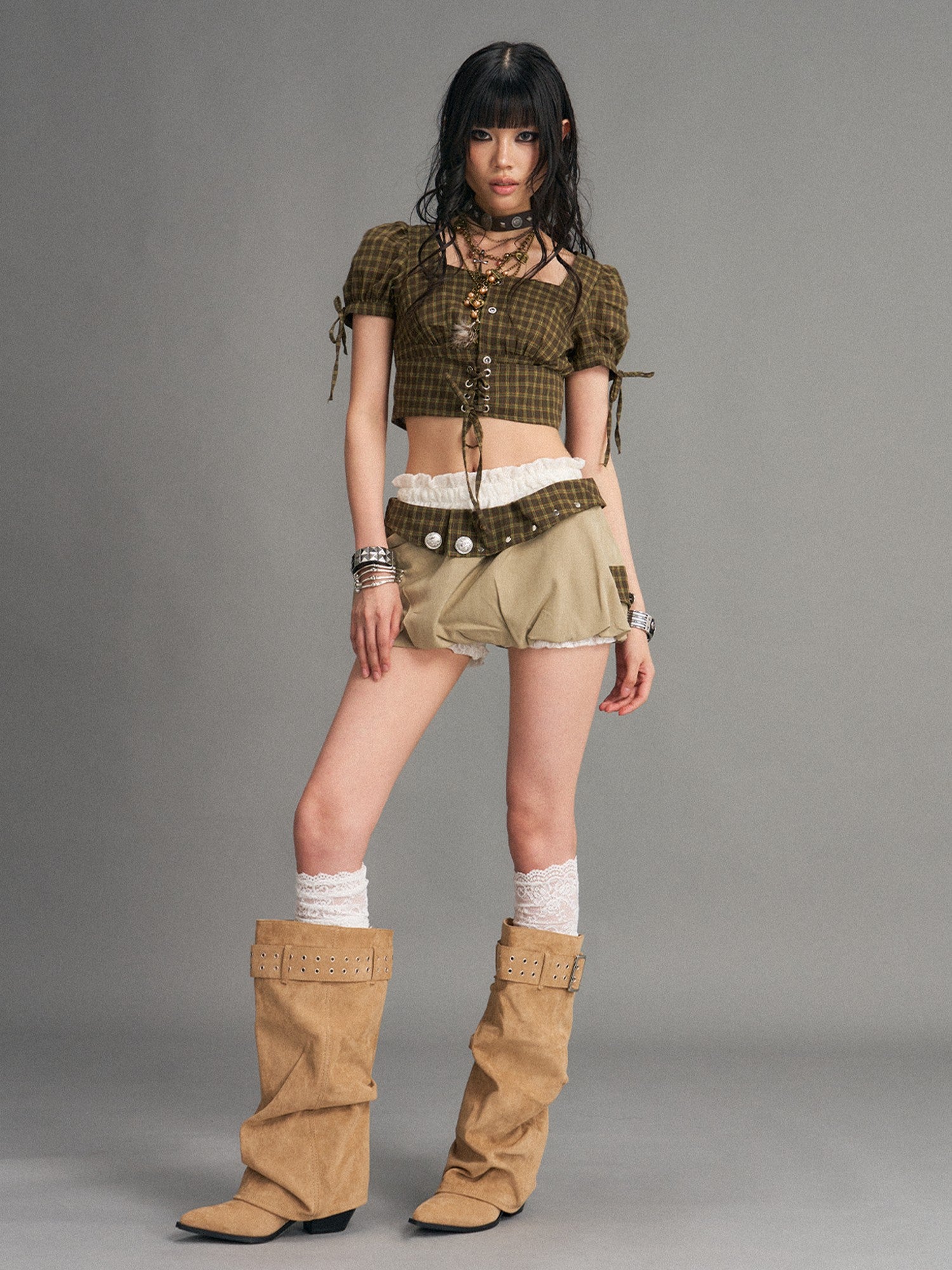 Frustration Garden Gingham Tie Square Neck Puff Sleeve Women&
