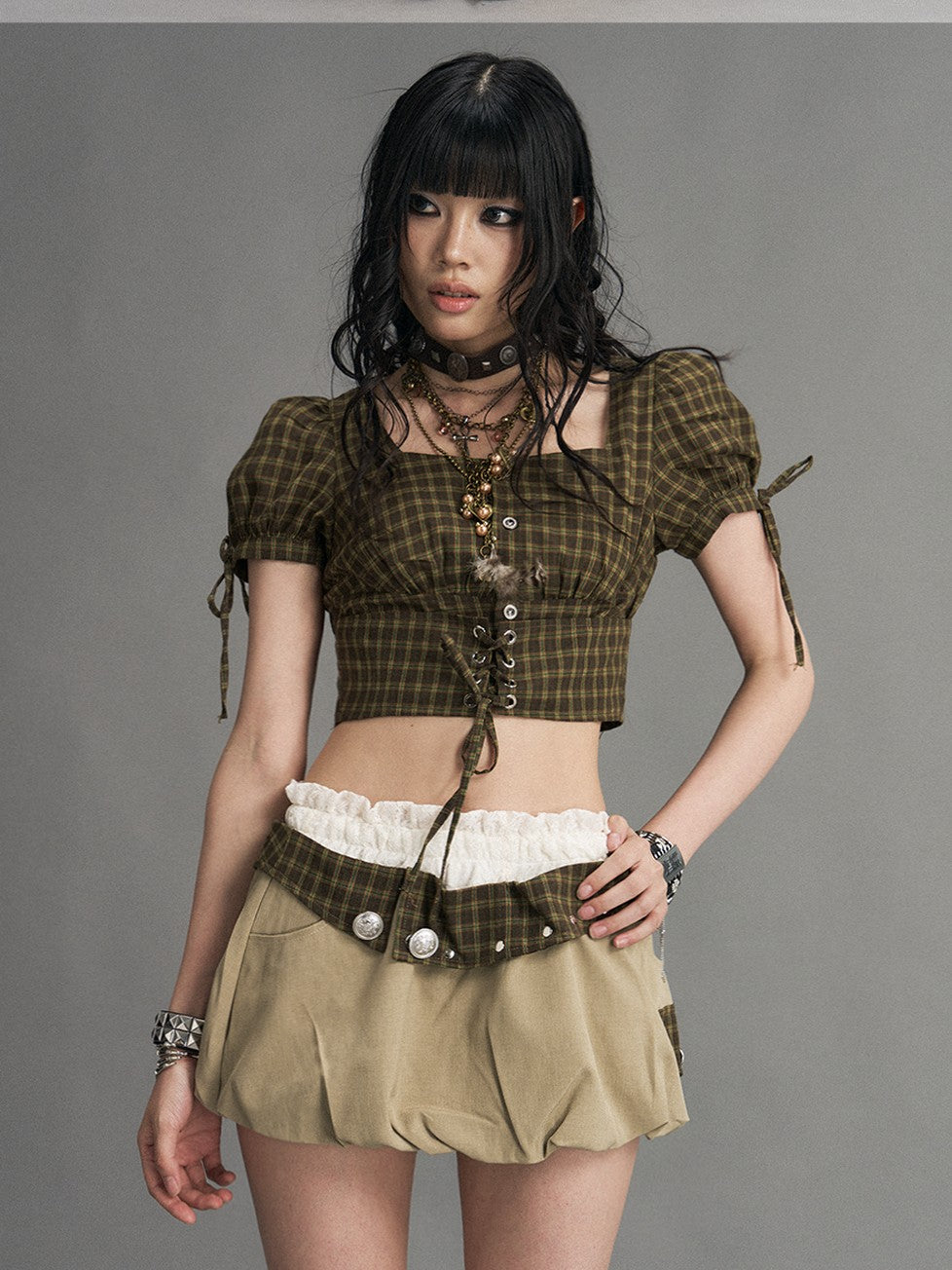 Frustration Garden Gingham Tie Square Neck Puff Sleeve Women&