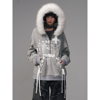 Frustration_Garden_Gray_Printed_Tie_Detail_Detachable_Fur_Collar_Half_Zip_Women&