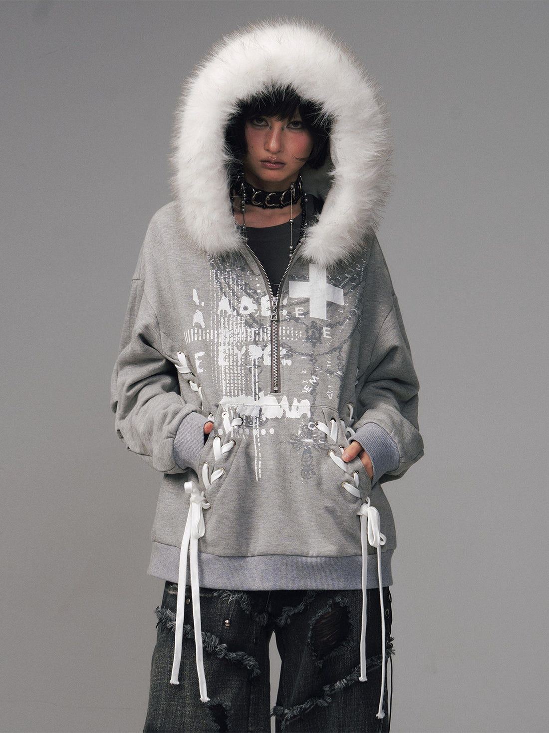 Frustration Garden Gray Printed Tie Detail Detachable Fur Collar Half Zip Women&