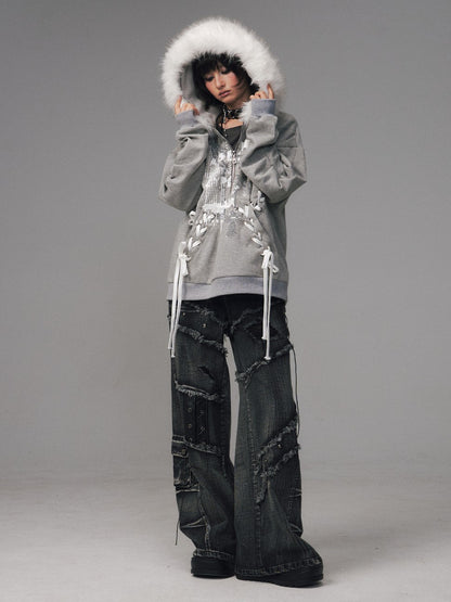 Frustration Garden Gray Printed Tie Detail Detachable Fur Collar Half Zip Women&