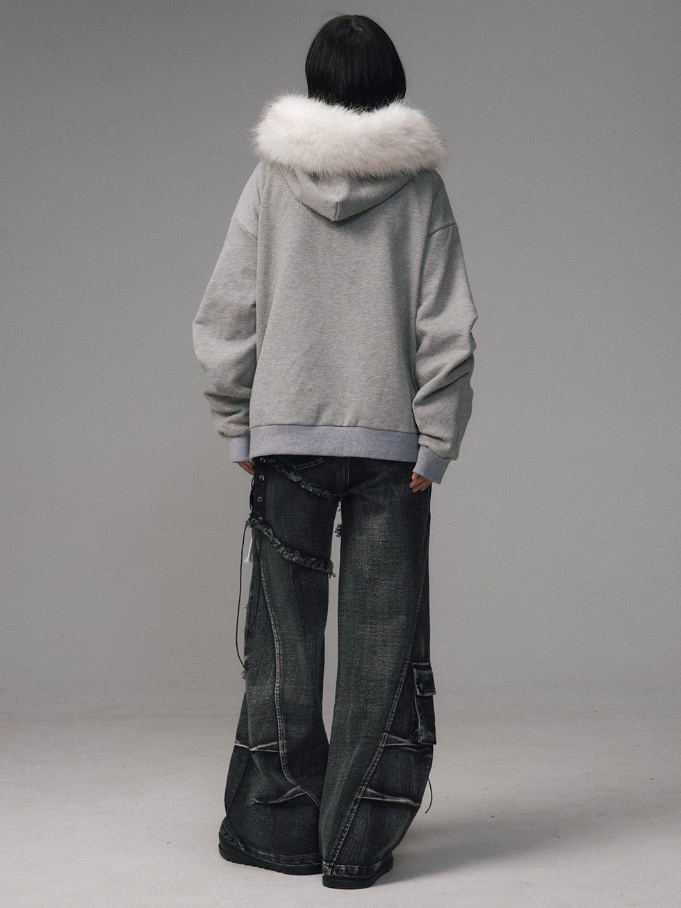 Frustration Garden Gray Printed Tie Detail Detachable Fur Collar Half Zip Women&