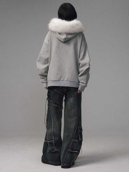 Frustration Garden Gray Printed Tie Detail Detachable Fur Collar Half Zip Women&