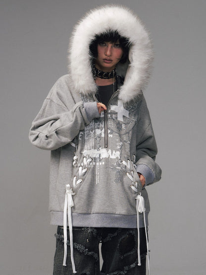 Frustration Garden Gray Printed Tie Detail Detachable Fur Collar Half Zip Women&