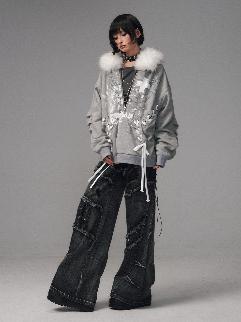 Frustration Garden Gray Printed Tie Detail Detachable Fur Collar Half Zip Women&